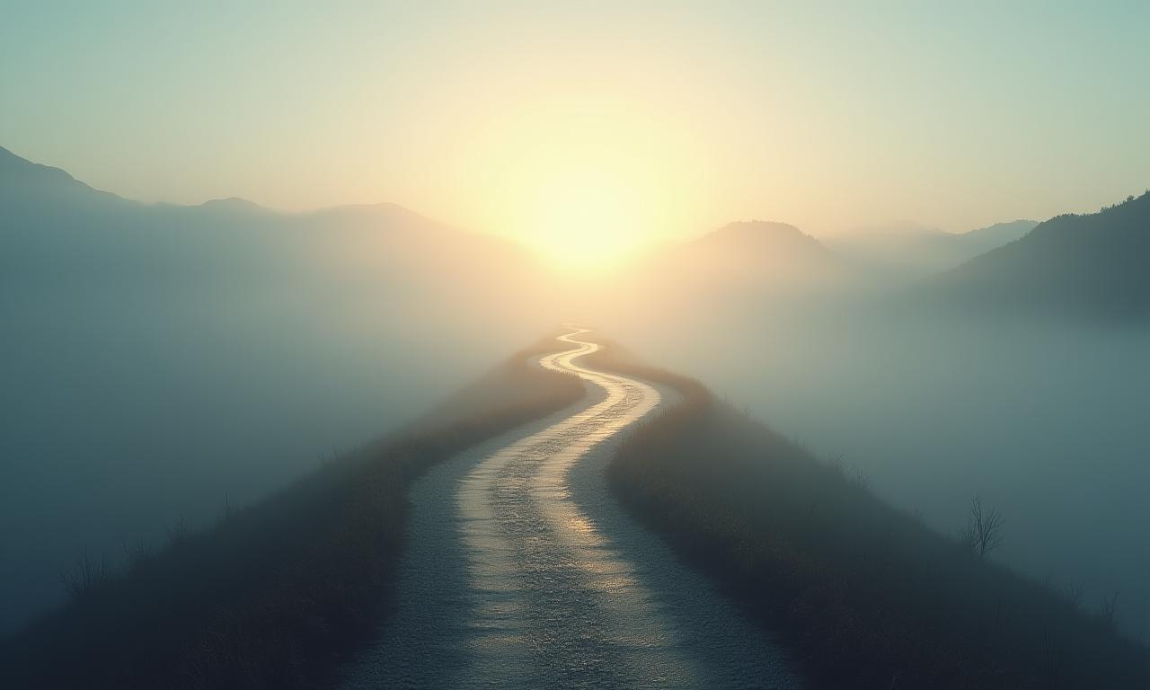 キャリアの未来を示す霧の中から伸びる道。